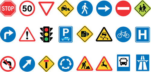 traffic road sign icon set with warning direction arrow safety transportation regulation symbols including stop speed pedestrian bicycle parking and navigation illustration on transparent background © Yurii