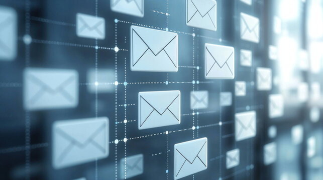 Futuristic Email Grid Multiple white 3D email envelope icons connected by glowing digital network grid global communication technology messaging system futuristic connection