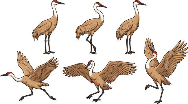 Cartoon vector illustration set of sandhill cranes in various poses including standing, walking, flying, and dancing
