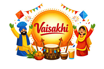 Naklejka premium Vaisakhi festival celebration illustration, Punjabi harvest festival banner with dhol drum and wheat, happy Sikh couple celebrating Baisakhi isolated PNG with Transparent Background