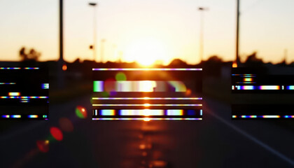 Fototapeta premium a road at sunset, with sunlight streaming down the asphalt road. Bright lens flares and distorted visuals create a surreal effect near the horizon.