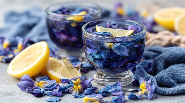 Two glasses of vividly colored herbal infusion garnished with citrus slices rest on a textured surface surrounded by fallen flower petals.
