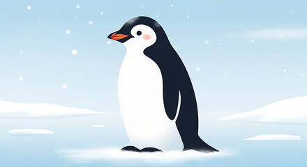 Obraz premium Charming animated penguin stands gracefully in a serene snowy landscape, a delightful cartoon depiction of arctic wildlife amidst a winter wonderland