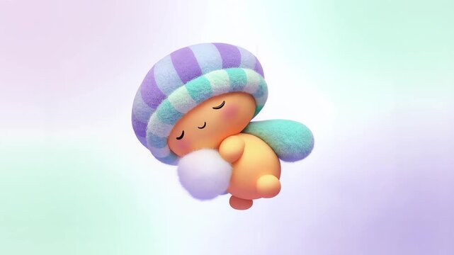 Adorable 3D Cartoon Mosquito Wearing Striped Nightcap Hugging Soft Cotton Ball