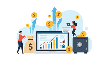 Naklejka premium Financial planning and investment strategy illustration featuring people managing money bags, coin stacks, and growth charts.
