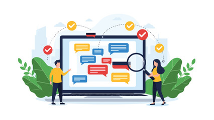 Fototapeta premium Global communication and translation technology with people interacting with diverse language chat bubbles on a large laptop.