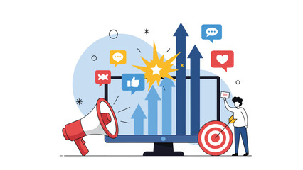 Naklejka premium Viral marketing campaign with an explosive growth chart, megaphone, and numerous social media engagement symbols on a screen.