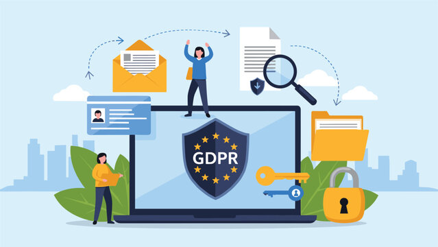 Data privacy and security illustration showing a laptop with a GDPR shield and various icons for identity and document protection.