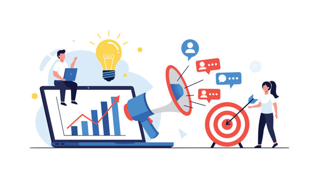 Business marketing concept featuring a person on a laptop, a giant megaphone, and target symbol for effective brand communication.