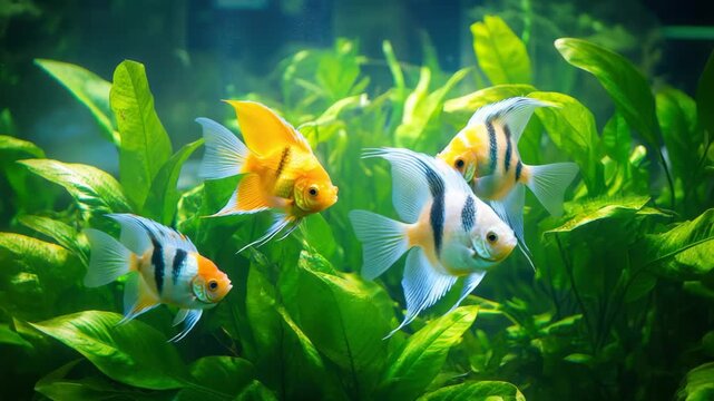 Underwater Harmony: A captivating underwater world where vibrant angel fish swim among lush green aquatic plants, evoking a sense of tranquility and the beauty of marine life.