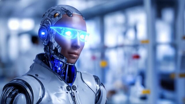 Futuristic humanoid robot in a laboratory setting showcases advanced technology and intelligent design, reflecting the integration of AI and robotics into everyday life.