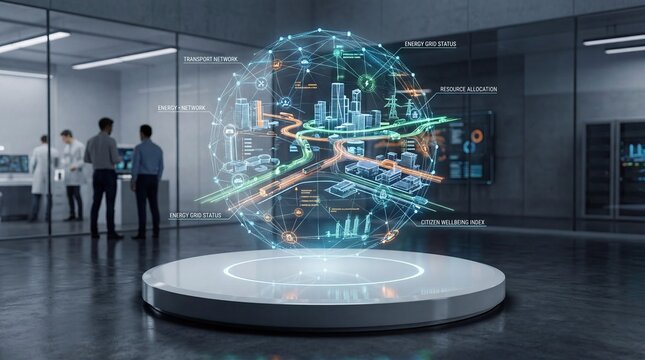 Global digital twin sphere showing interconnected transport network and energy grid status with resource allocation data visualization for smart city management in futuristic