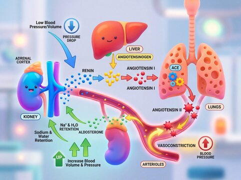 Educational illustration showing the human renin angiotensin aldosterone system pathway and blood pressure regulation