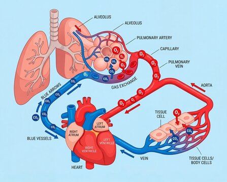 Detailed illustration of the human cardiorespiratory system, showing intricate blood circulation and gas exchange, providing a clear, detailed look at vital bodily functions