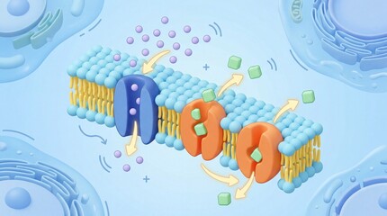 Fototapeta premium Dynamic cellular membrane transport mechanism, 3D rendered illustration depicting integral protein channels facilitating molecular movement and exchange