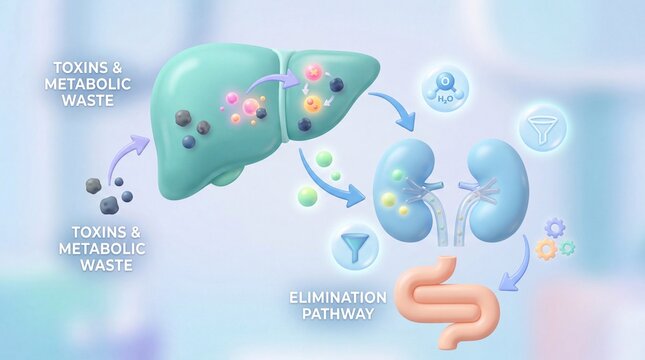 Clear depiction of the human body's detoxification pathway, illustrating liver and kidney functions for metabolic waste elimination and wellness