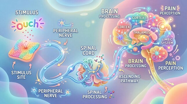 A vivid, dreamlike illustration of the human pain pathway, detailing the journey of nerve signals from stimulus through the spinal cord to brain perception