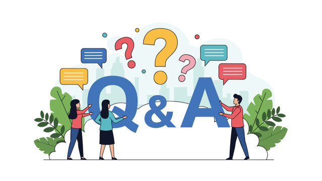 Business Q&A session concept with professional people holding large letters and colorful question mark icons.