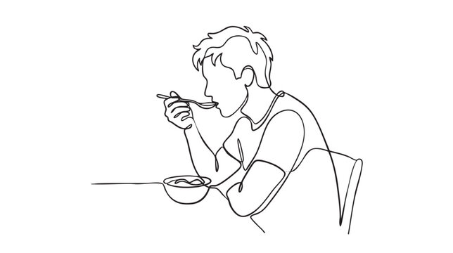 A minimalist one-line drawing shows a young man seated at a table, enjoying a bowl of soup with a spoon, creating a simple yet relatable scene of comfort and sustenance.