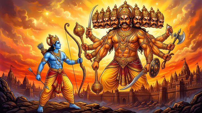 Epic Mythological Battle Scene with Deities and Fiery Background