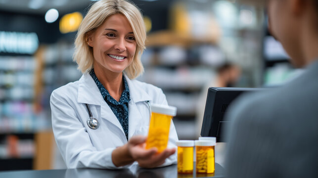 Pharmacist counseling patient about weight loss medication side effects, prescription bottles on counter, retail pharmacy setting, ideal for pharmaceutical guidance, medication saf