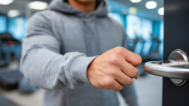 Nervous individual gripping gym door handle from inside, deciding whether to leave or stay, internal struggle moment, perfect for commitment anxiety, fitness fear, and modern menta