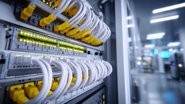 Detailed View of Network Rack with Yellow Ethernet Cables, Highlighting Connectivity and Data Transfer in a Modern Data Center Environment