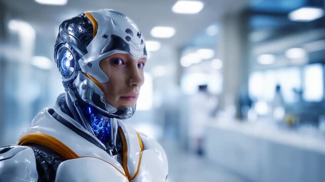 A futuristic humanoid robot with advanced features, displaying intricate design and illuminated aesthetics, set in a modern, high-tech laboratory environment.