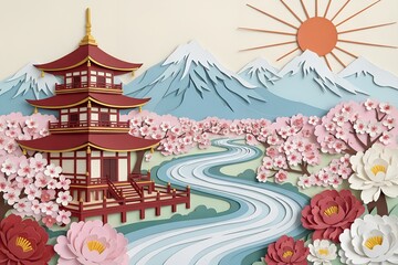 Fototapeta premium Japanese Pagoda with Cherry Blossoms and Mountains Paper Art Illustration