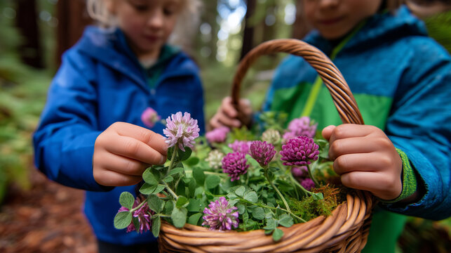 Child perspective reaching into basket to identify safe foraged urban plants during educational nature walk, young hands touching yarrow and red clover, experiential learning about