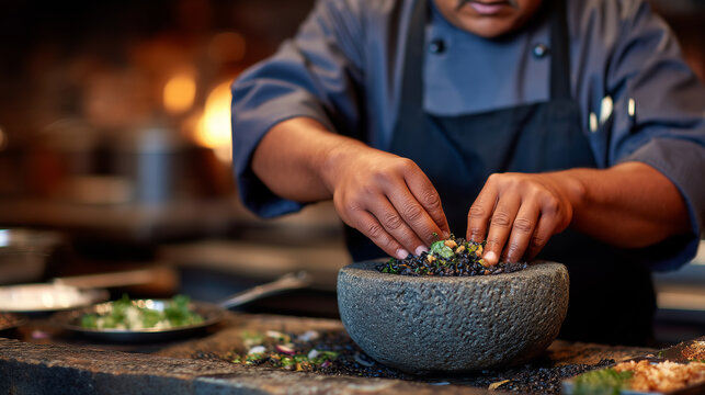 Indigenous chef grinding traditional blue corn on volcanic stone metate, ancient technique preserved in contemporary culinary setting, cultural food preparation methods honored thr