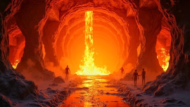 Cave lava beam pours down to the bottom of the cave