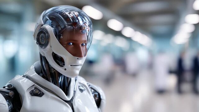Advanced humanoid robot featuring realistic facial expressions and intricate design, observing its surroundings in a modern, high-tech environment.
