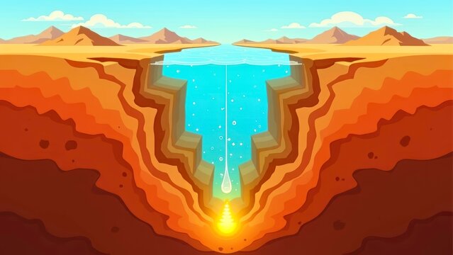 Geological staircase deep pit beam injected into the water surface