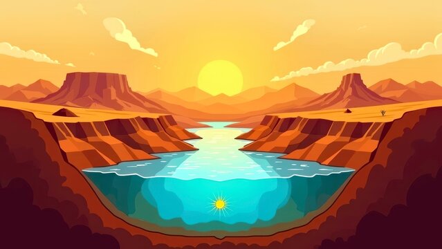 Desert, deep pit, clear water reflecting the sunset