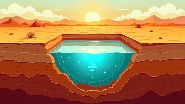Desert staircase, deep pit, calm water surface