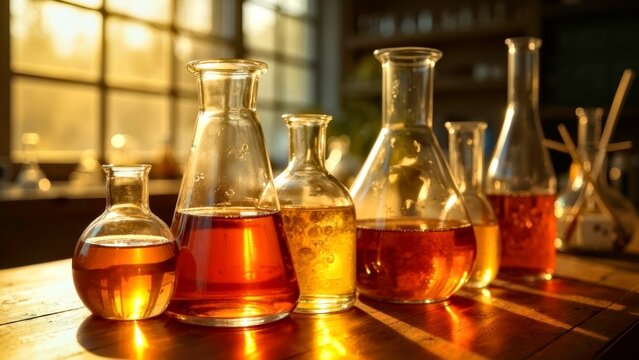 Multiple sets of conical flasks and flasks combined in the laboratory