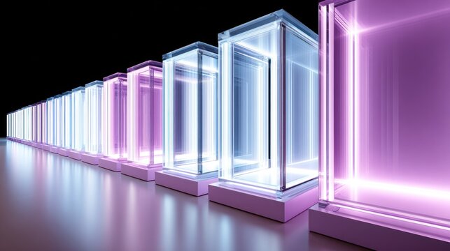 A long row of glowing rectangular light boxes displays a color gradient from cool white to warm magenta.