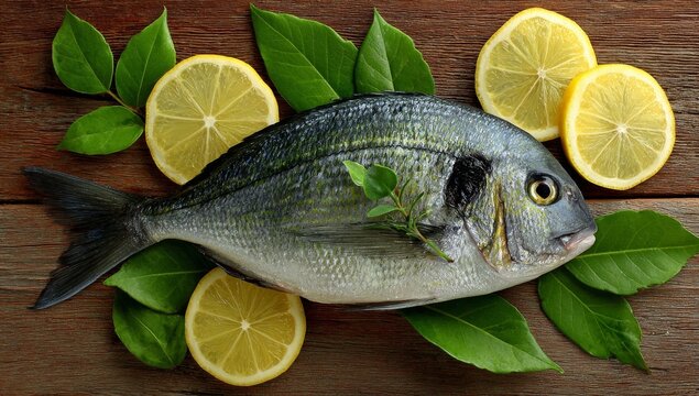 A fresh sea bream placed on a wooden board, garnished with lemon slices and fresh herbs, seen from above in a rustic kitchen setting