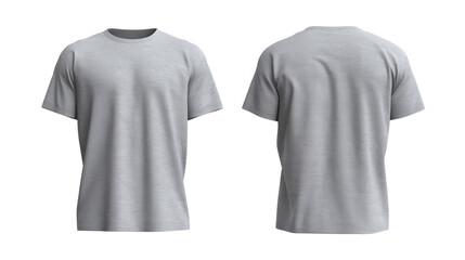 Pair of blank light heather grey cotton t-shirts showing front and back views for apparel mockup isolated on transparent background