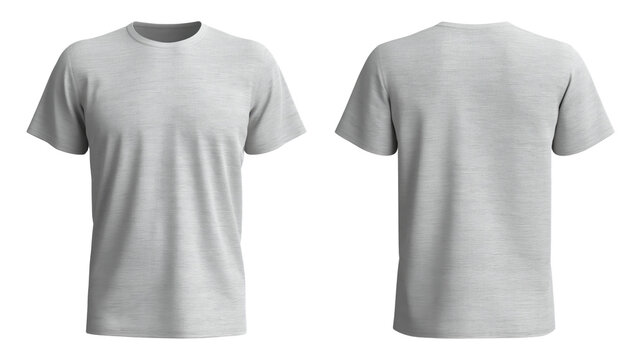 Pair of blank light heather grey cotton t-shirts showing front and back views for apparel mockup isolated on transparent background