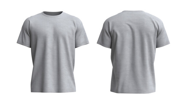 Pair of blank light heather grey cotton t-shirts showing front and back views for apparel mockup isolated on transparent background