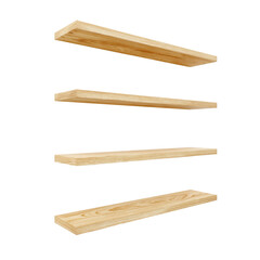 Obraz premium Set of simple modern empty wooden floating wall shelves with light oak woodgrain texture arranged vertically isolated on transparent background