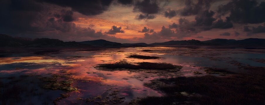 Early microbial mats glowing under prehistoric skies, cinematic tone