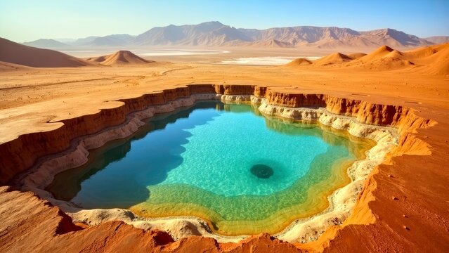 Desert deep pit gradually turns into a blue water pool