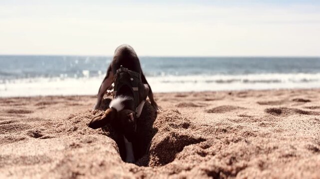 Young dog sniffing and digging in the sand with ocean waves in background