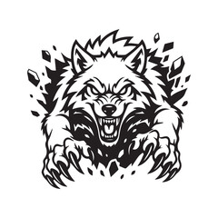 Fototapeta premium Fierce Wolf Lunging Forward with Sharp Claws Black and White Vector Mascot Logo 