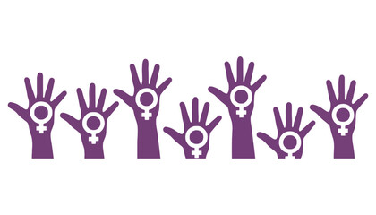 Fototapeta premium Feminist hands with female symbols raised in solidarity and empowerment