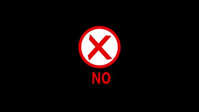 red cross decline sign with no text animation on black background. red cross icon, cancel mark, reject sign. 4k animation.