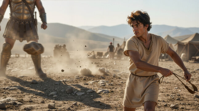 Young David throwing a stone with a sling at the giant Goliath. Biblical story of courage and faith. Ancient battle scene in a dusty desert landscape